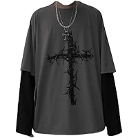 HNERUE Men Women Goth Shirt Y2K Grunge Emo Cross Graphic Long